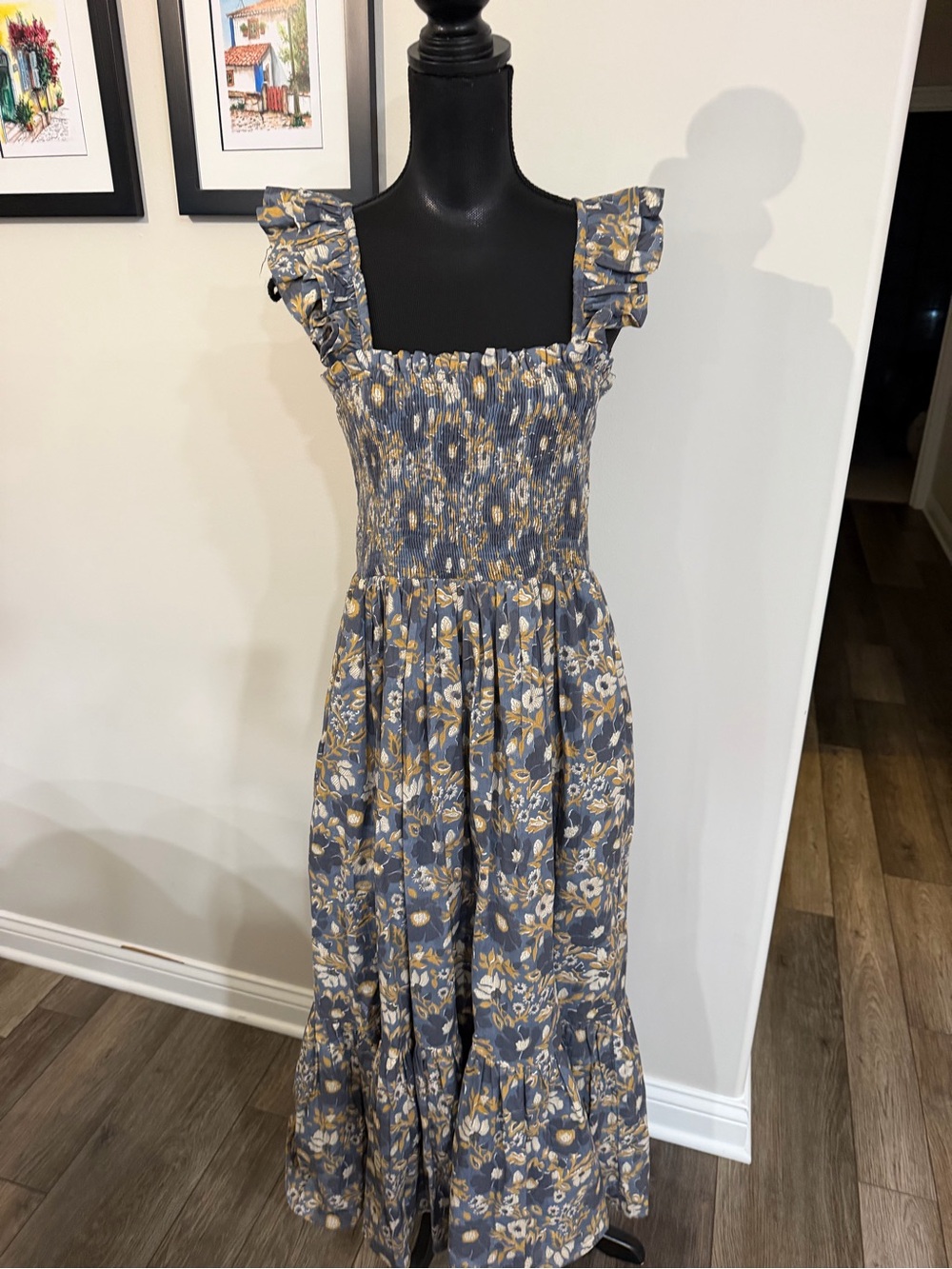 Marea Women’s Smocked Blue Floral Ruffle Strap Midi  Dress L